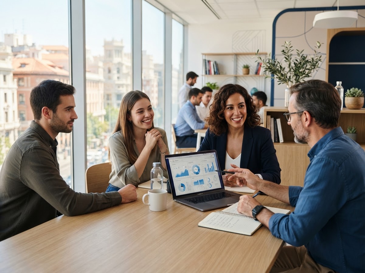 Recia Haberanza: equipo analizando datos financieros en un entorno de trabajo profesional